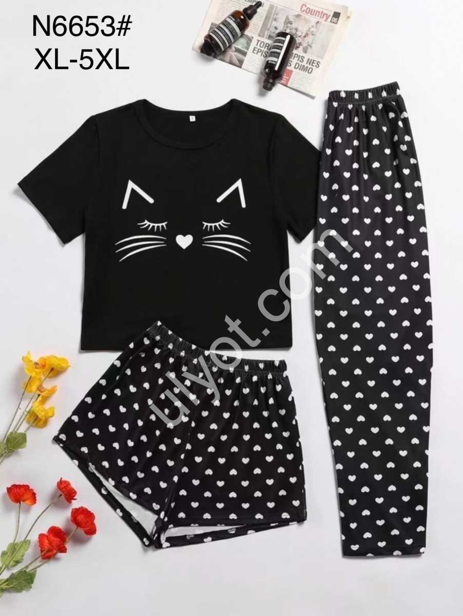 ПІЖАМА ТРІЙКА КОТИК (XL-5XL) ЧОРНИЙ 6653