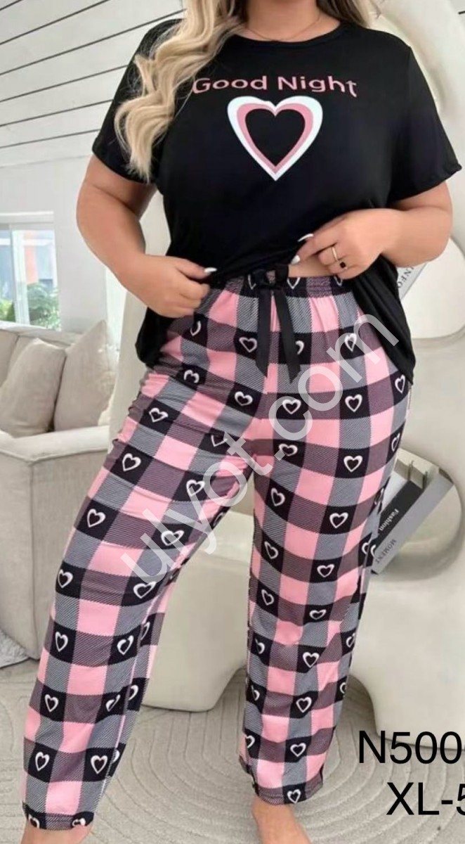 ПІЖАМА СЕРЦЕ (XL-5XL) ЧОРНИЙ+РОЖОВИЙ N500020