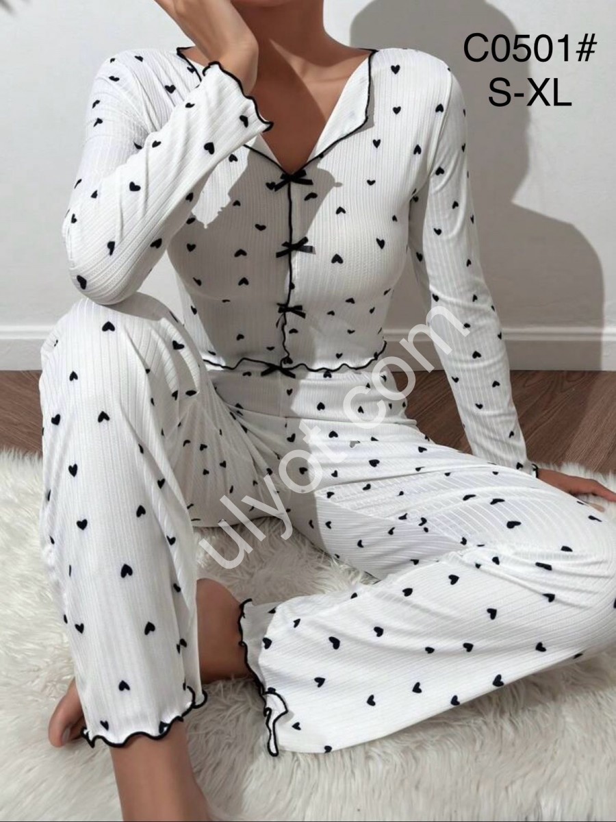 ПИЖАМА СЕРДЕЧКИ (S-XL) ЧЕРНЫЙ+БЕЛЫЙ C0501
