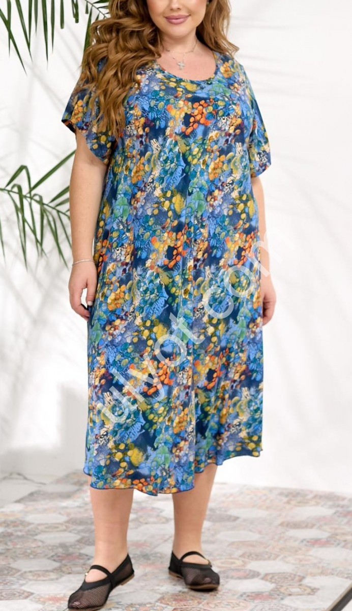 ПЛАТЬЕ (3XL-6XL) ЦВЕТЫ ГОЛУБОЙ 888