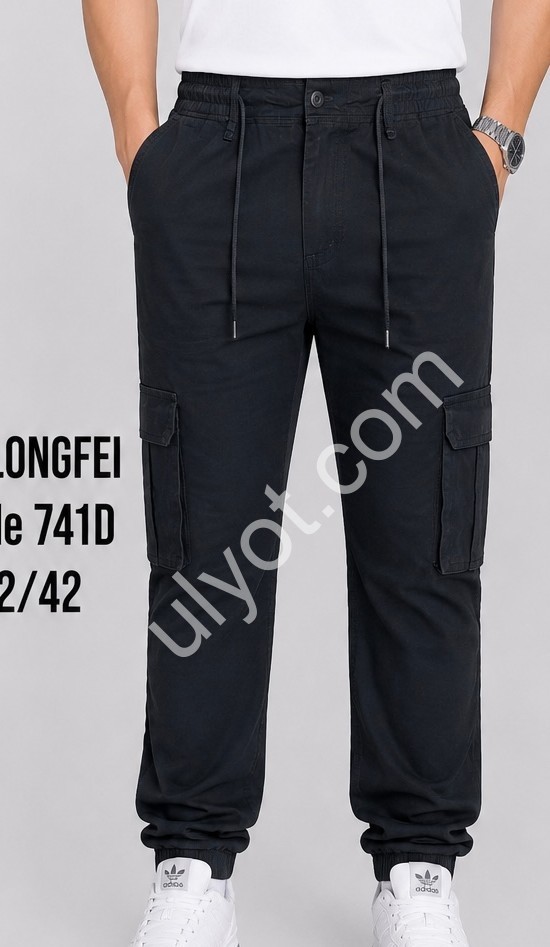 ДЖИНСЫ LONGFEI (32-42) КАРГО ЧЕРНЫЙ 741D