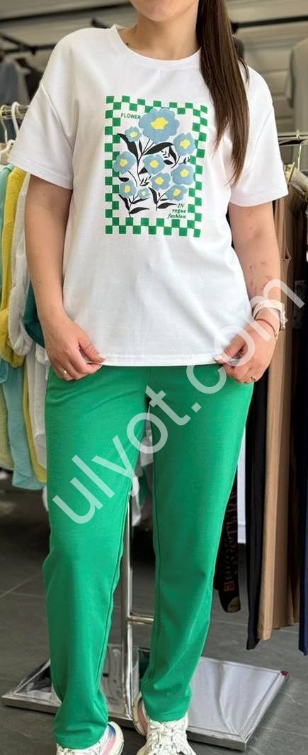 КОСТЮМ (L-3XL) БІЛИЙ+ЗЕЛЕНИЙ JC-105