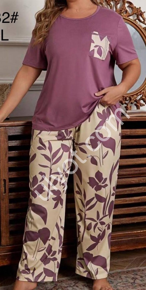 ПІЖАМА (XL-5XL) ФІОЛЕТОВИЙ+МОЛОЧНИЙ 500032
