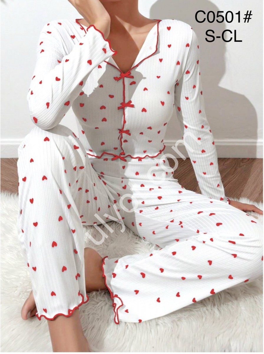 ПИЖАМА СЕРДЕЧКИ (S-XL) КРАСНЫЙ+БЕЛЫЙ C0501