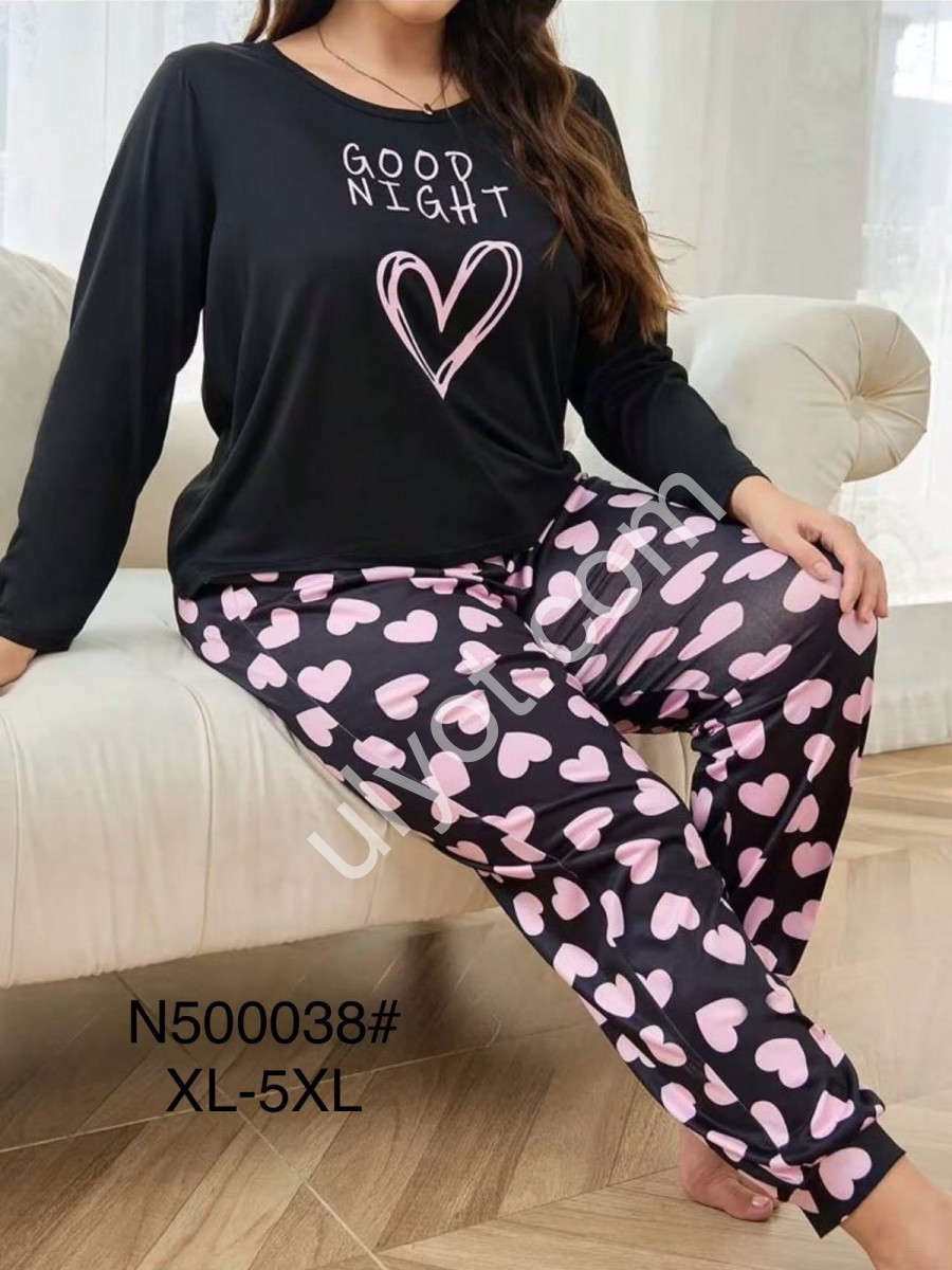 ПИЖАМА СЕРДЕЧКИ (XL-5XL) ЧЕРНЫЙ 500038