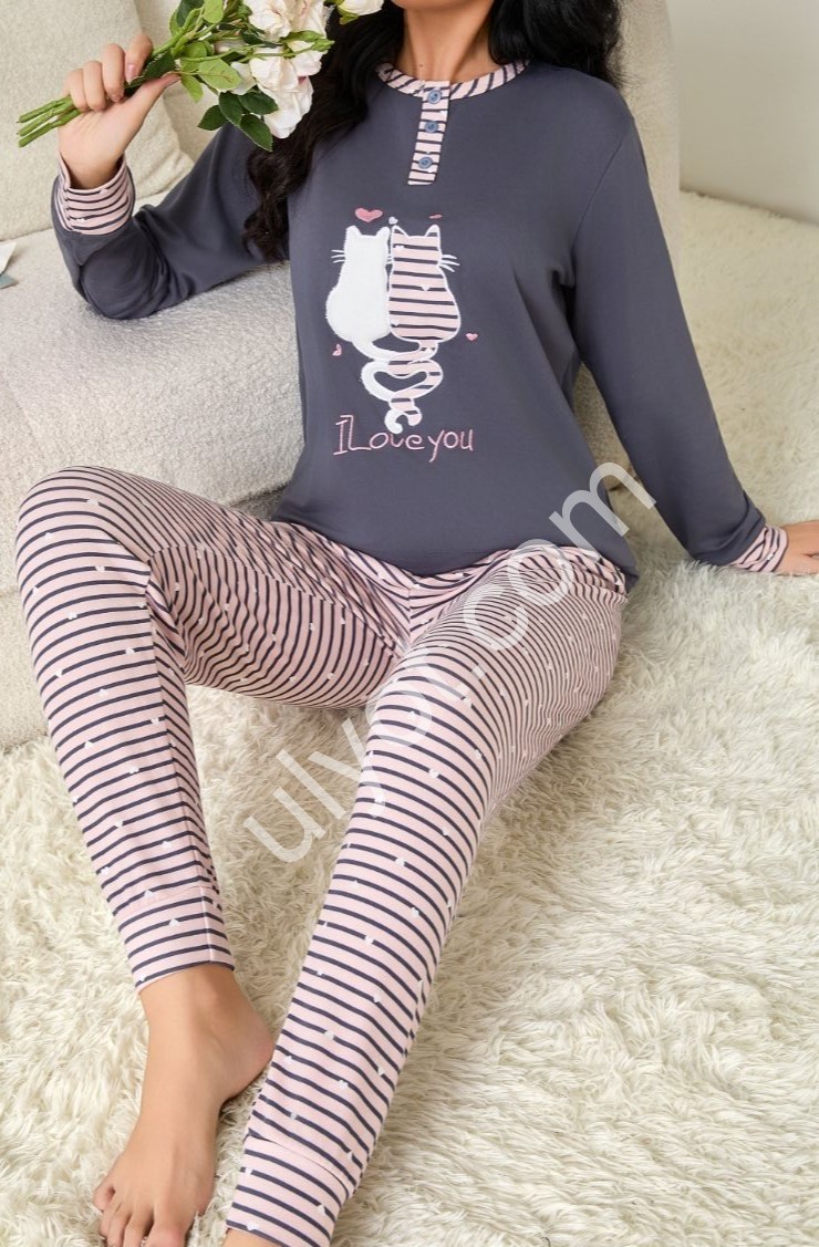 ПИЖАМА КОТЫ (M-3XL) БАЙКА СЕРЫЙ 70173