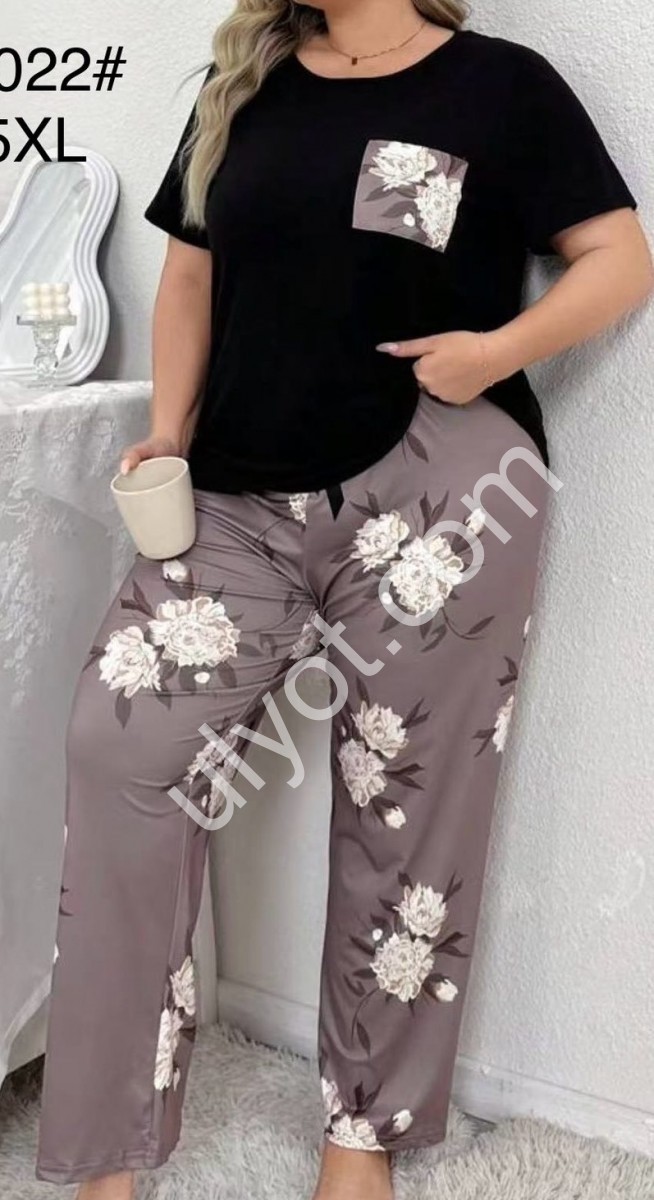 ПІЖАМА КВІТИ (XL-5XL) ЧОРНИЙ+СІРИЙ N500021