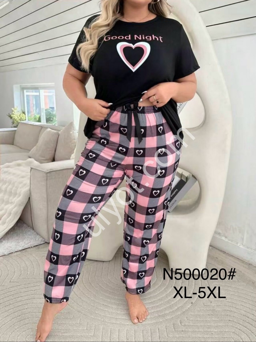 ПИЖАМА (XL-5XL) РОЗОВЫЙ+КЛЕТКА 500020