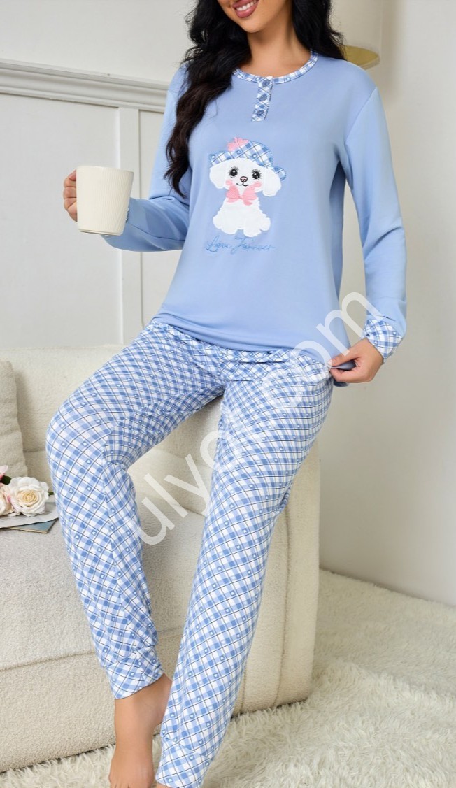 ПИЖАМА КОТИК (M-3XL) БАЙКА ГОЛУБОЙ 70176