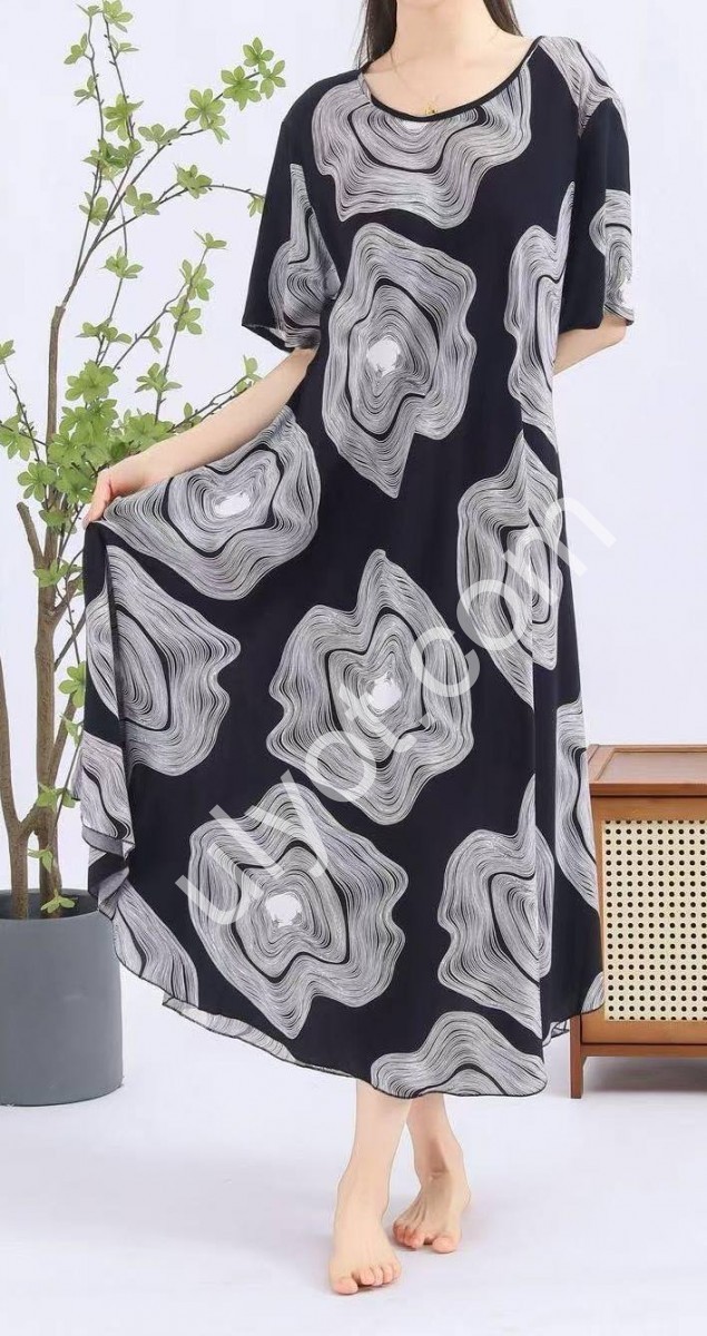 ПЛАТЬЕ (ONE SIZE 60) ЧЕРН+СЕР ЦВЕТОК 081