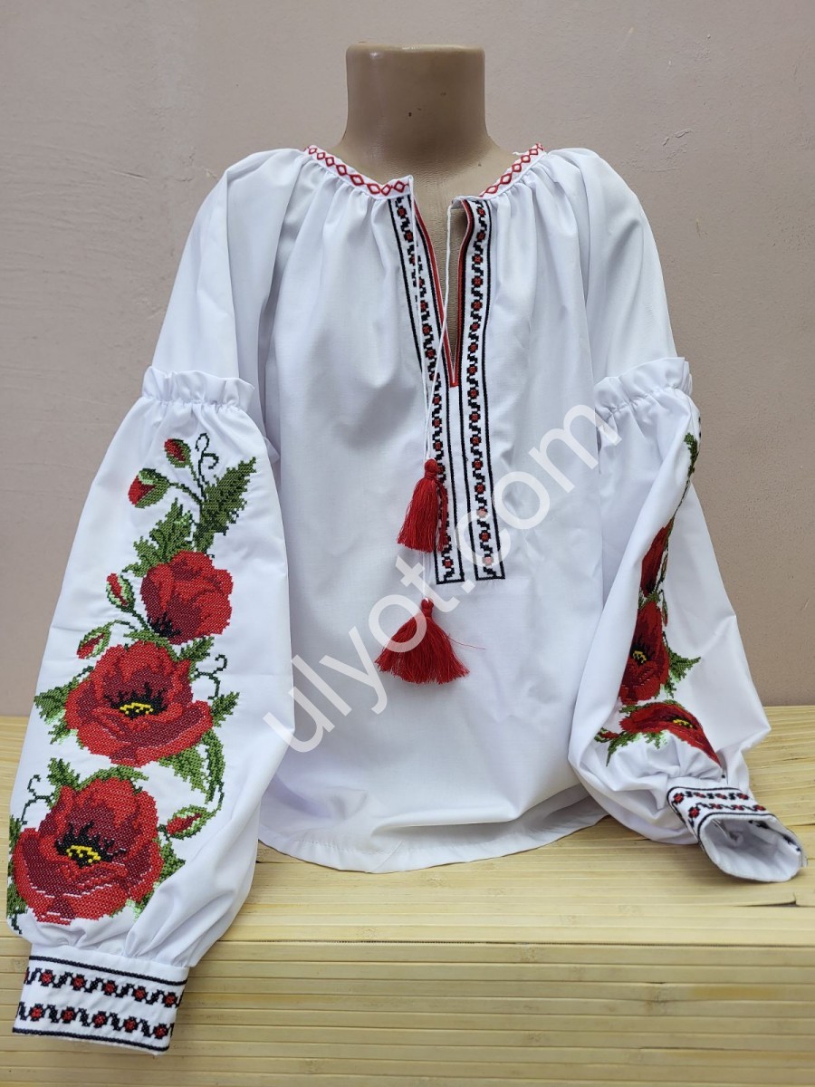 ВИШИВАНКА МАКИ (140-176 см) БІЛИЙ + ЧЕРВОНИЙ