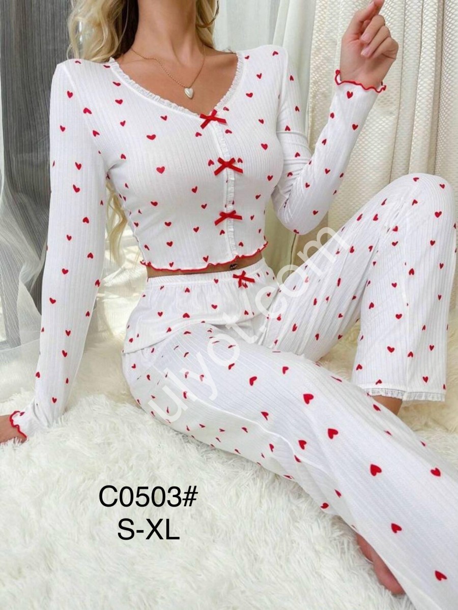 ПІЖАМА СЕРЦЯ (S-XL) БІЛИЙ+ЧЕРВОВИЙ C0503