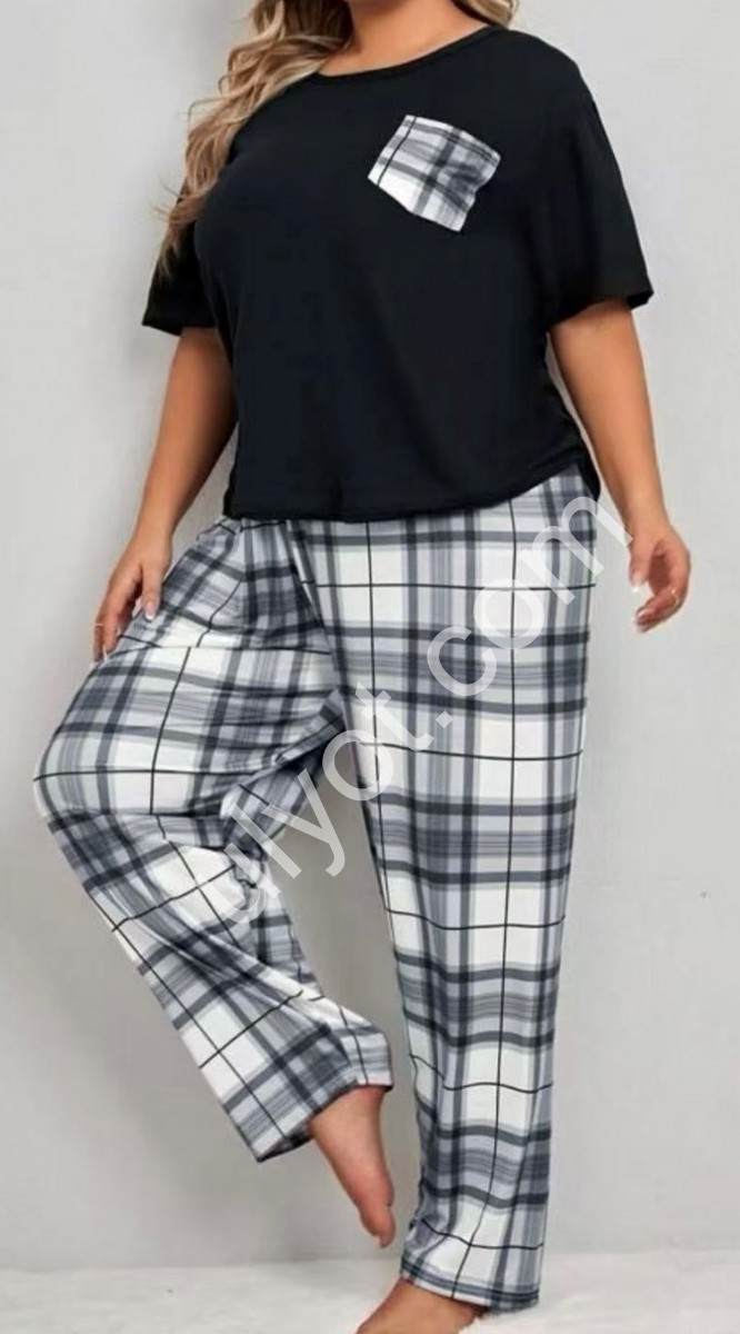 ПІЖАМА (XL-5XL) ЧОРНИЙ+КЛІТИНА 500019