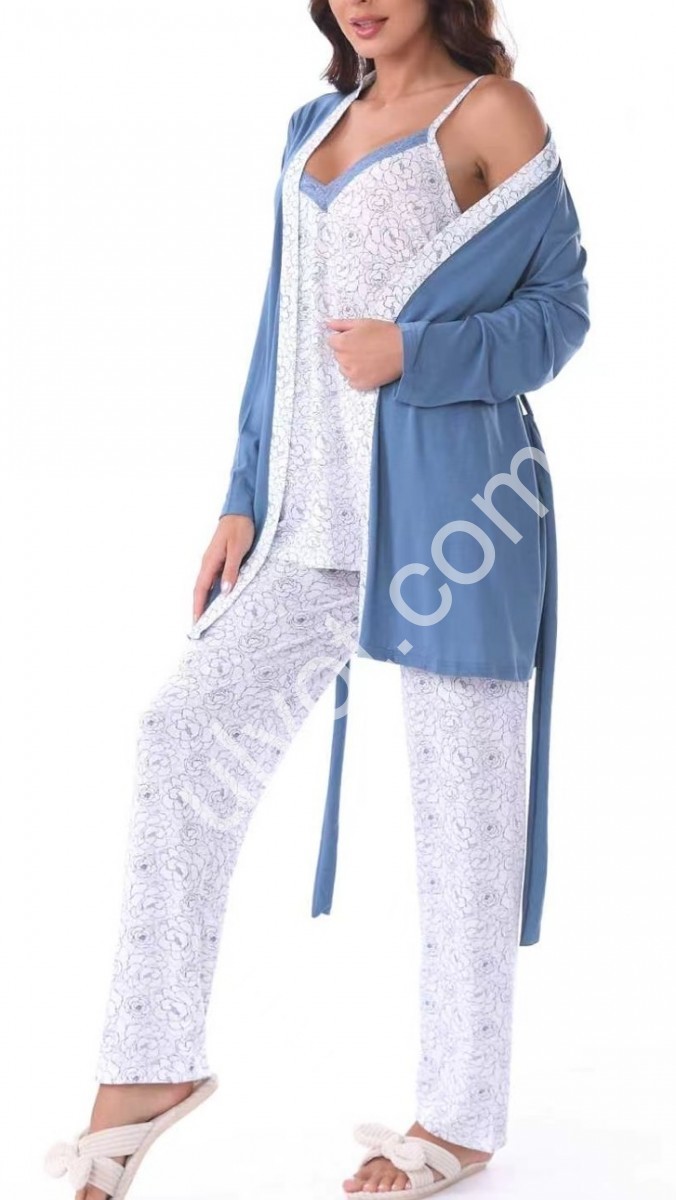 ПИЖАМА ТРОЙКА (M-3XL) БЕЛЫЙ+СИНИЙ 70322