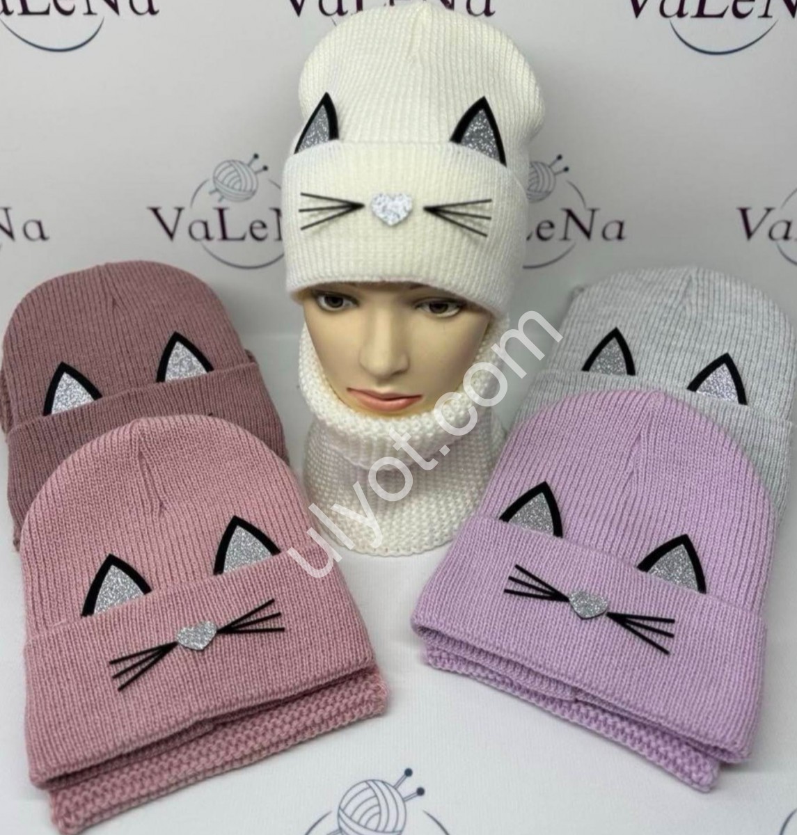 ШАПКА+ХОМУТ (ONE SIZE 50-52) КОТ ФЛИС МИКС 