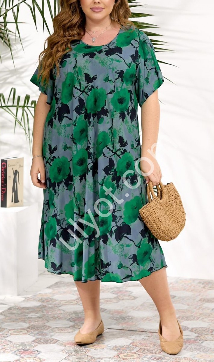 ПЛАТЬЕ (3XL-6XL) ЦВЕТЫ ЗЕЛЕНЫЙ 888