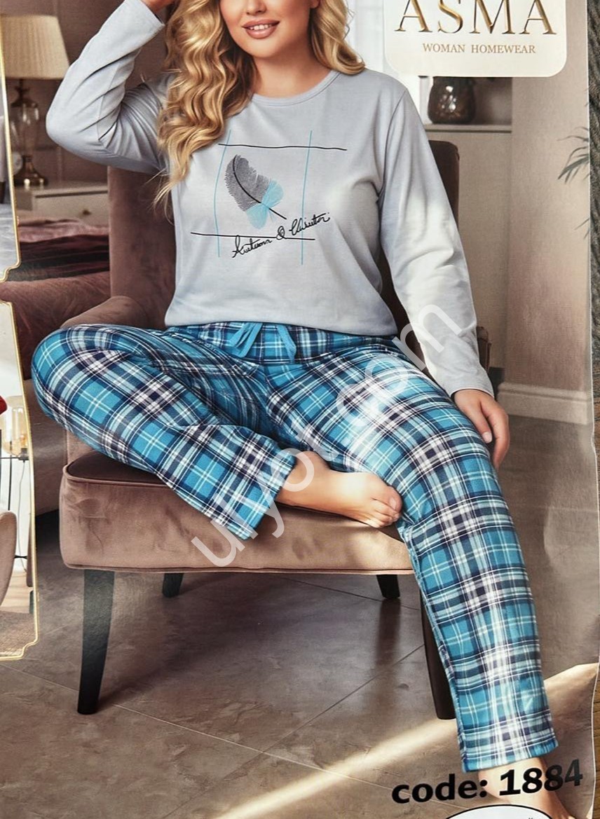 ПИЖАМА (L-4XL) БАЙКА СЕРЫЙ+ГОЛУБОЙ 1884