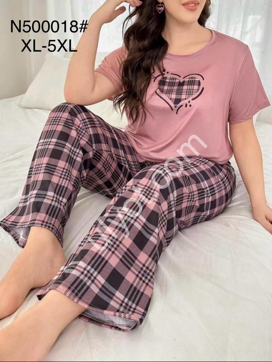 ПІЖАМА СЕРЦЕ (XL-5XL) ПУДРА+КЛІТИНА N500018