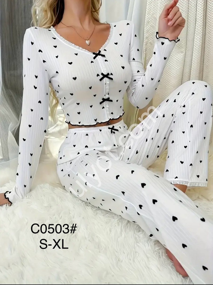 ПІЖАМА СЕРЦЯ (S-XL) БІЛИЙ+ЧОРНИЙ C0503