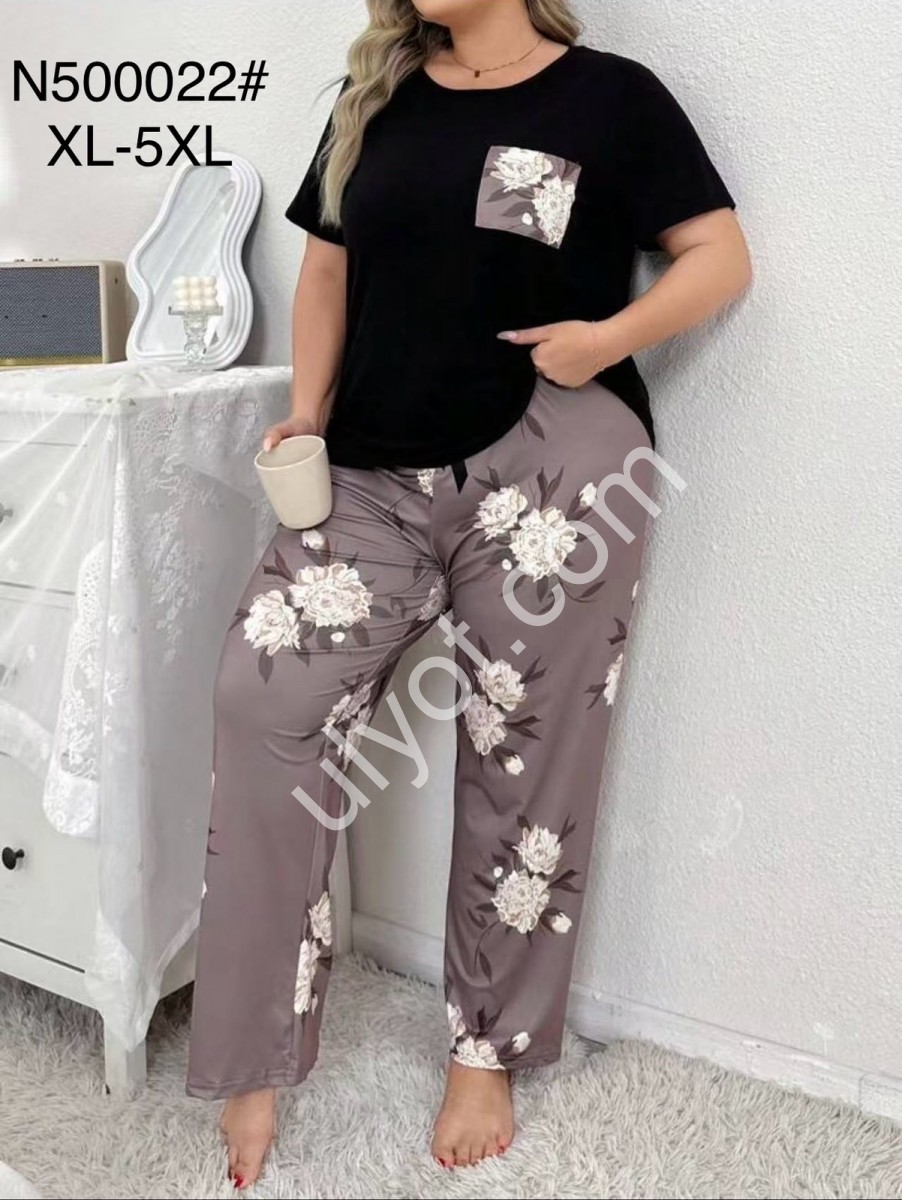ПИЖАМА (XL-5XL) ЧЕРНЫЙ+ЦВЕТЫ 500022