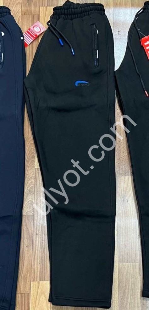 СПОРТ. ШТАНЫ (M-3XL) ФЛИС ПРЯМОЙ ЧЕРНЫЙ+СИНИЙ 7044