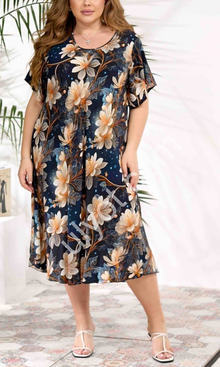 ПЛАТЬЕ (3XL-6XL) ЦВЕТЫ Т.СИНИЙ 888