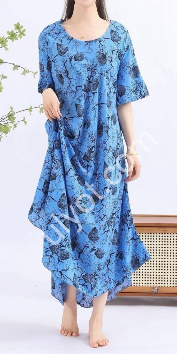 ПЛАТЬЕ (ONE SIZE 60) СВ.СИНИЙ+ЛИСТЬЯ 081