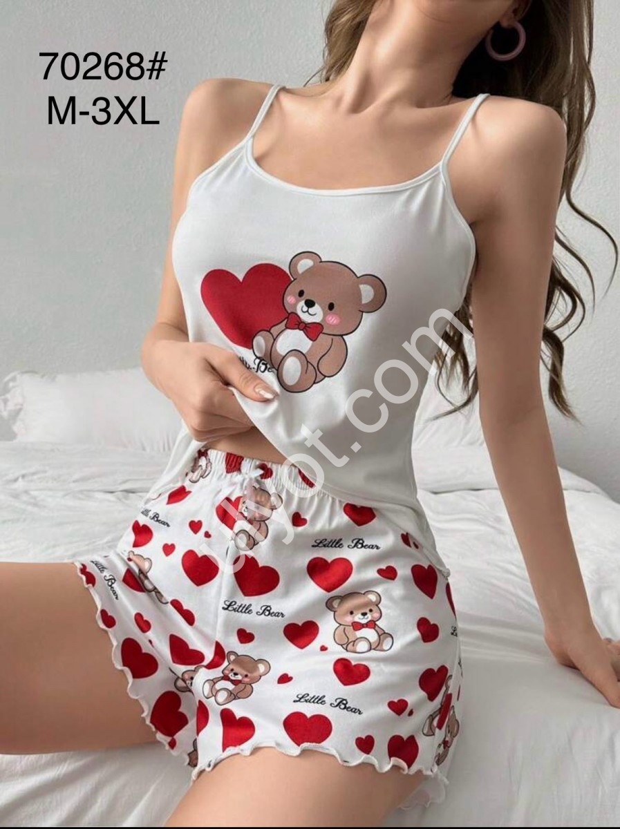 ПИЖАМА СЕРДЕЧКИ-МИШКИ (M-3XL) КРАСНЫЙ+БЕЛЫЙ 70268