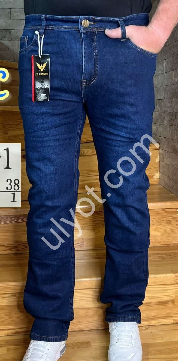 ДЖИНСЫ LONGFEI (32-38) ФЛИС СИНИЙ F1074-1