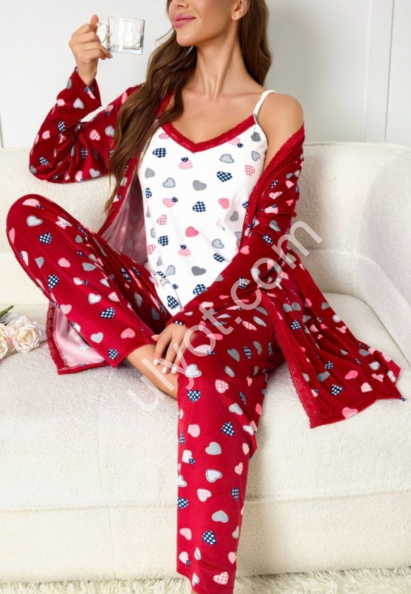 ПИЖАМА 3КА (M-3XL) СЕРДЦА КРАСНЫЙ 70311