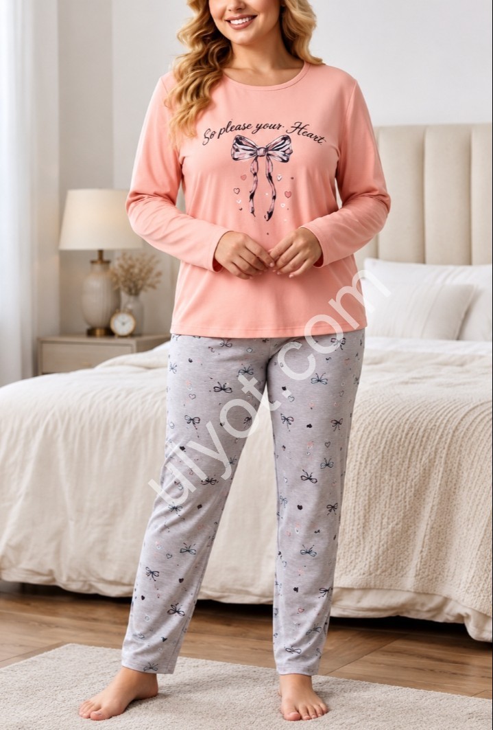 ПИЖАМА (L-4XL) БАЙКА СЕРЫЙ+ПЕРСИК 1867