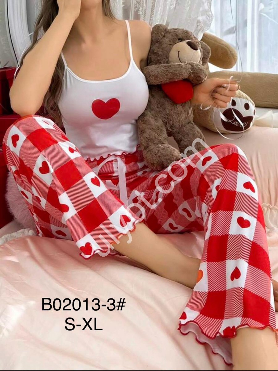 ПИЖАМА СЕРДЕЧКИ (S-XL) КРАСНЫЙ+БЕЛЫЙ B02013-3