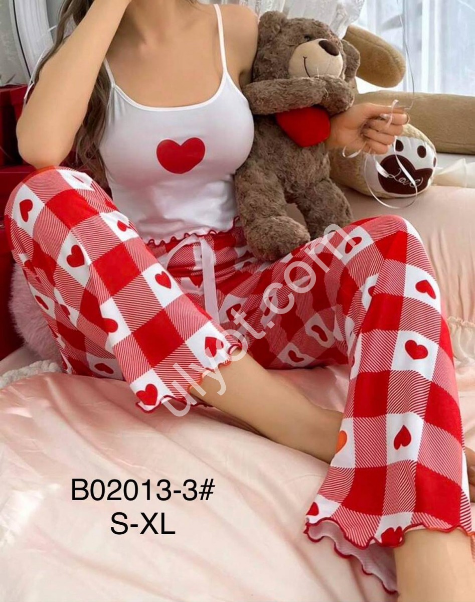 ПІЖАМА СЕРЦЕ (S-XL) БІЛИЙ + ЧЕРВОНИЙ B02013-3