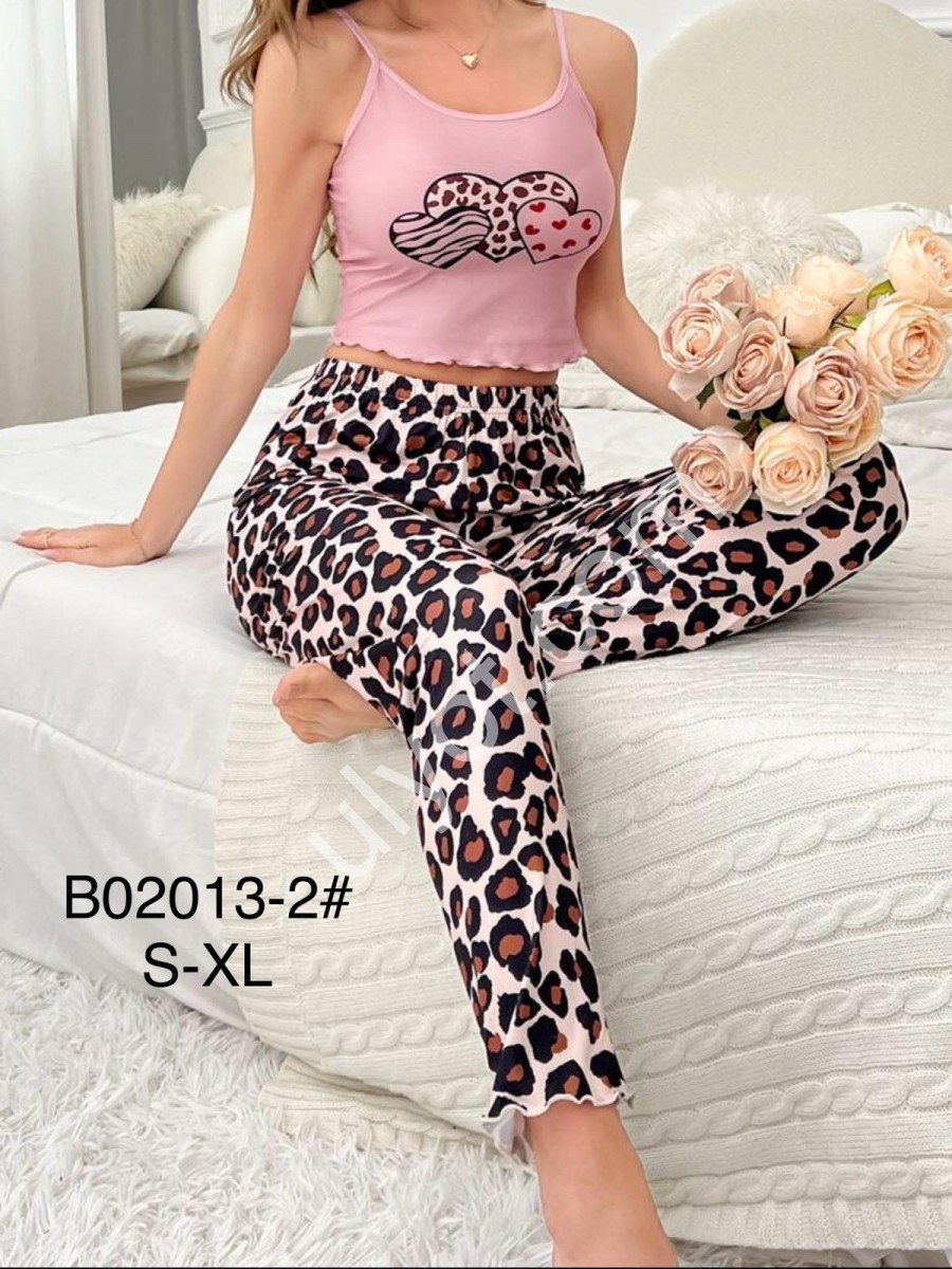ПИЖАМА СЕРДЕЧКИ (S-XL) РОЗОВЫЙ+ЛЕОПАРД B02013-2
