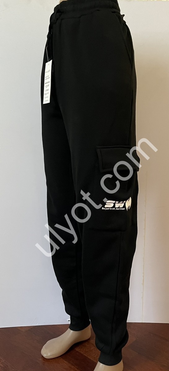 СПОРТ.ШТАНЫ (M-3XL) ФЛИС МАНЖЕТ ЧЕРНЫЙ 6719