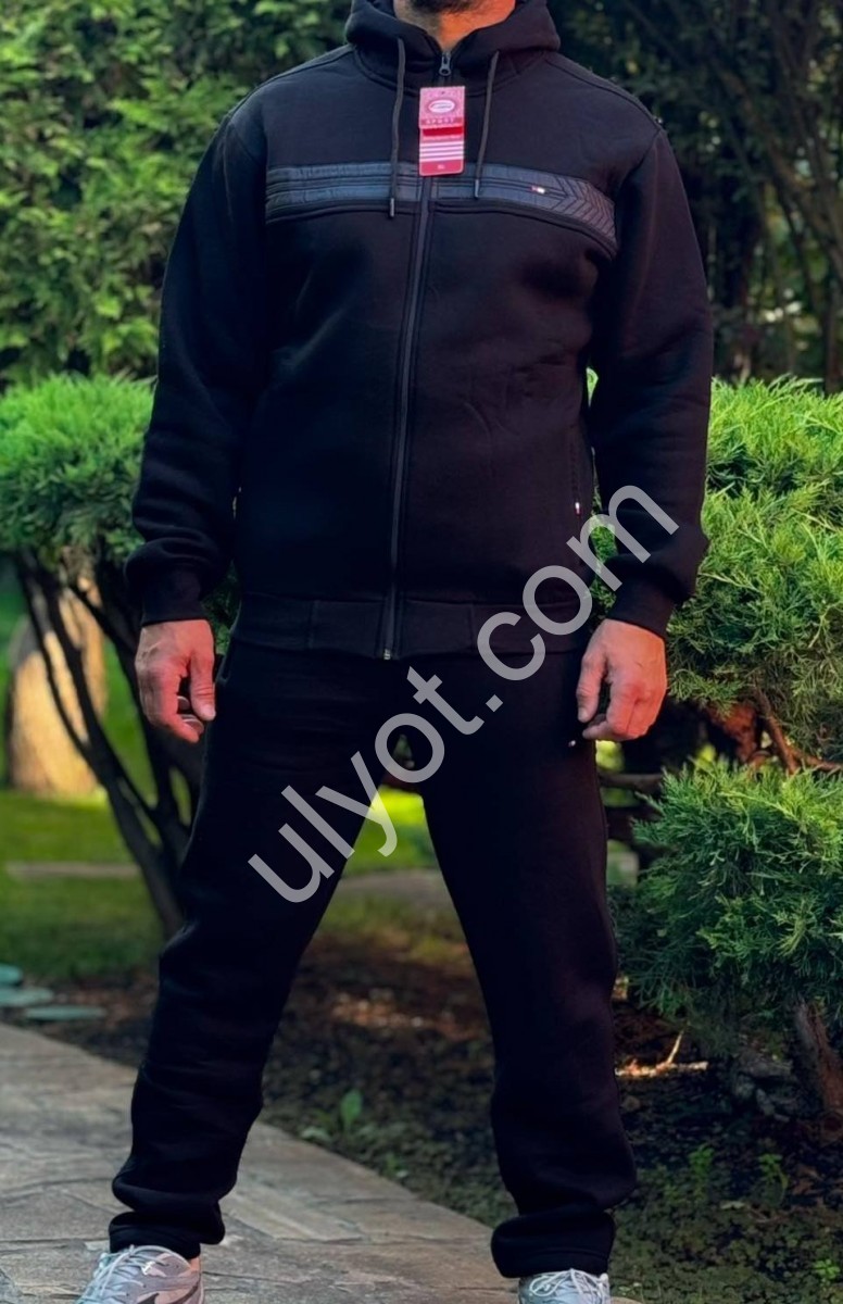 СПОРТ.КОСТЮМ T06 (M-3XL) ФЛИС ПРЯМОЙ ЧЕРНЫЙ 