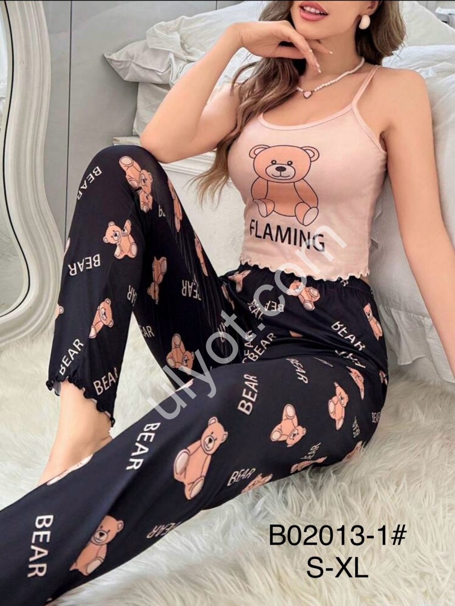ПИЖАМА МИШКИ (S-XL) ЧЕРНЫЙ+БЕЖЕВЫЙ B02013-1