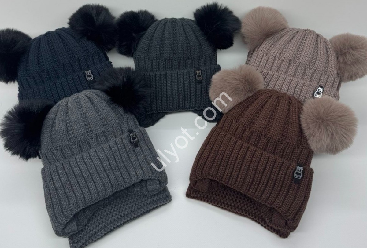 Фото 1 ШАПКА+ХОМУТ МИШКА (ONE SIZE 46-48) ФЛИС МИКС 