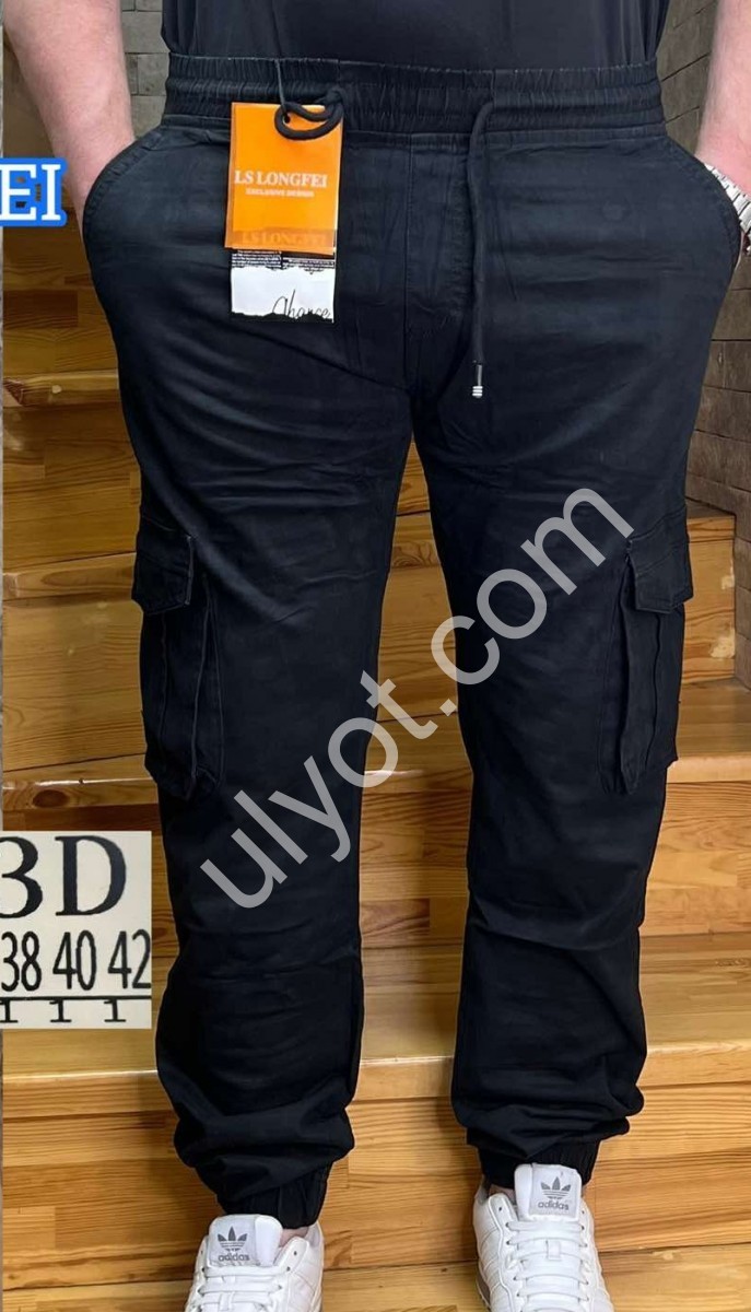 БРЮКИ LONGFEI (32-42) КАРГО МАНЖЕТ ЧЕРНЫЙ 733D