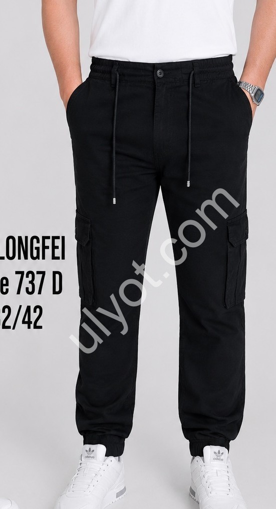 ДЖИНСЫ LONGFEI (32-42) КАРГО ЧЕРНЫЙ 737D
