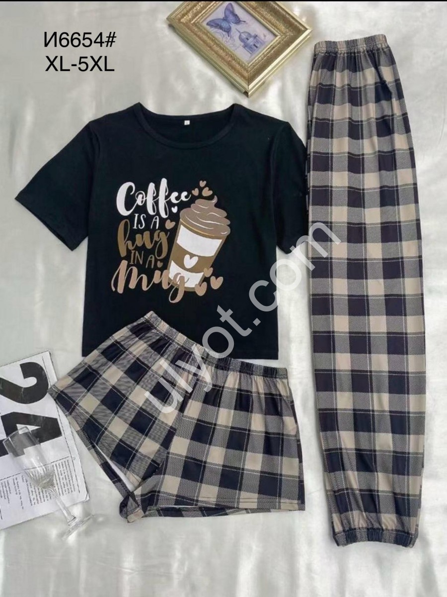 ПІЖАМА ТРІЙКА COFFEE (XL-5XL) ЧОРНИЙ+КЛІТИНА 6654