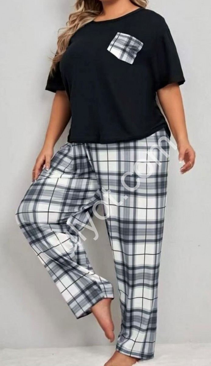 ПІЖАМА (XL-5XL) ЧОРНИЙ+КЛІТИНА N500019